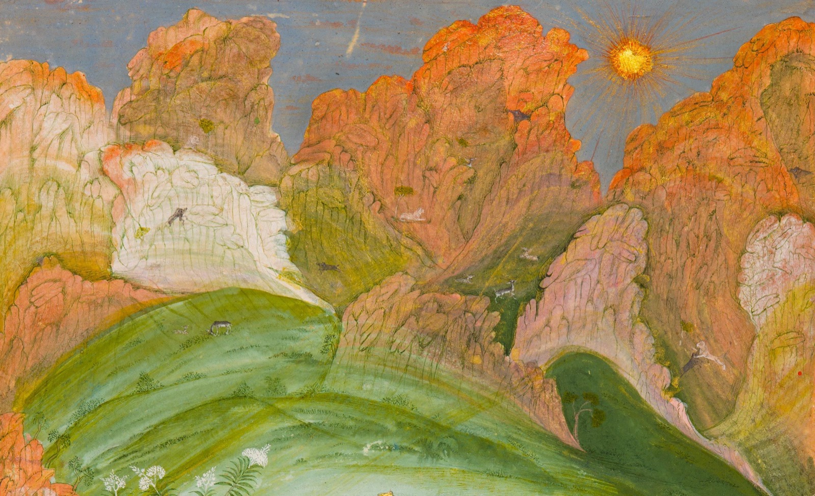 Miniature painting of orange hills above a green valley, the sun low in the sky