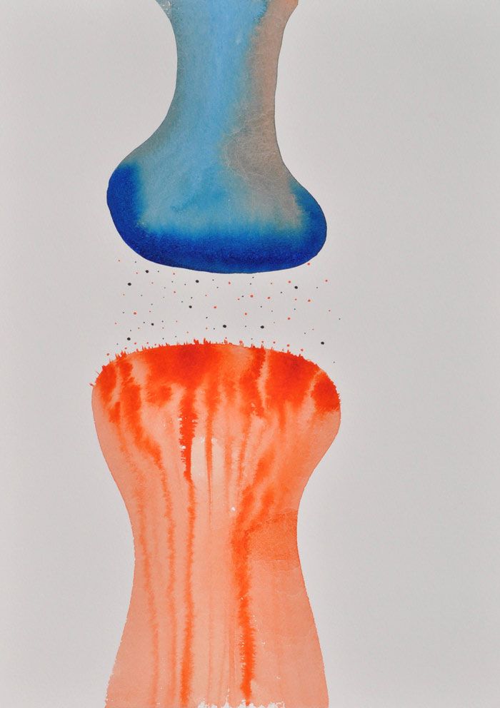 Watercolour of a blue form and an orange form reaching towards each other across a gap