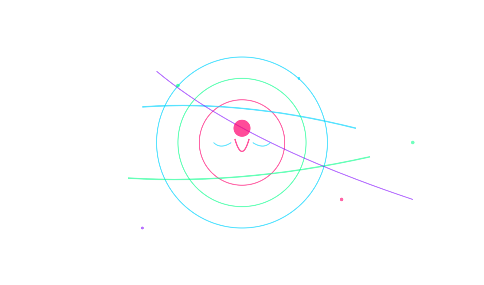 Abstract illustration of a calm face at the centre of concentric circles in cyan, green and pink, crossed by flowing lines, representing a settled, focused mind