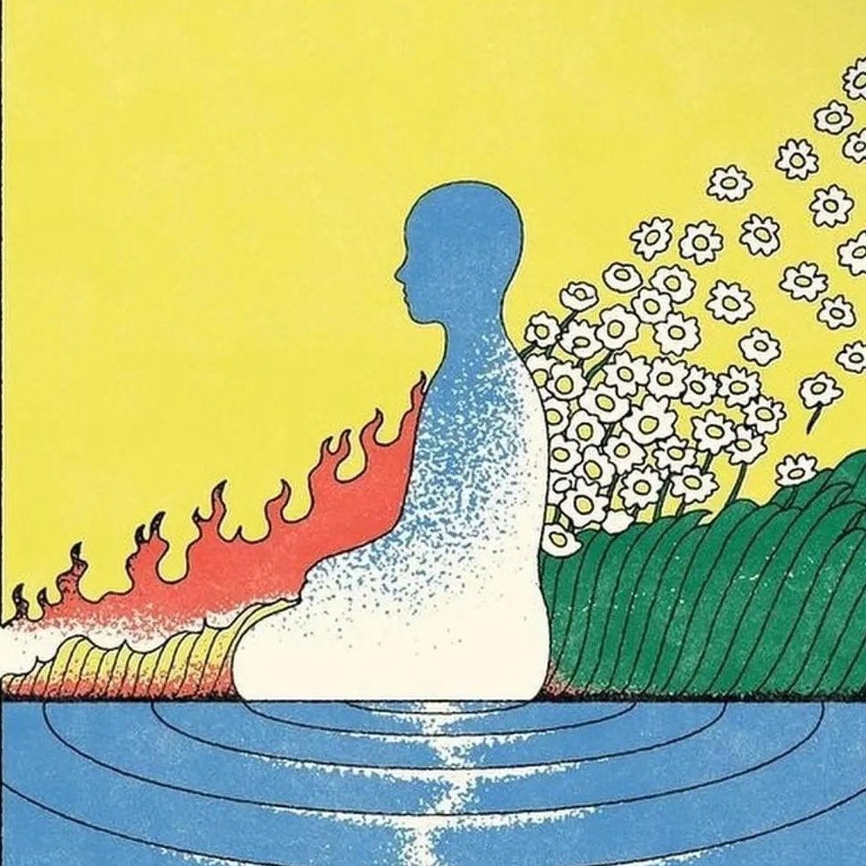 Illustration of a seated figure, flames fading behind them and flowers blooming ahead