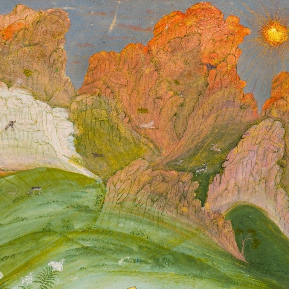 Painting of orange mountains and green hills under a low sun