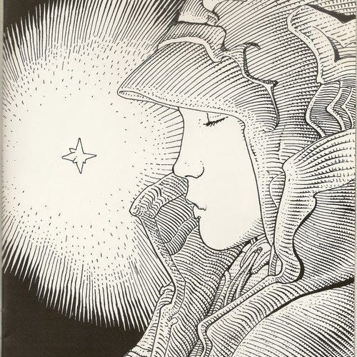 Line drawing of a hooded figure with closed eyes beside a small star