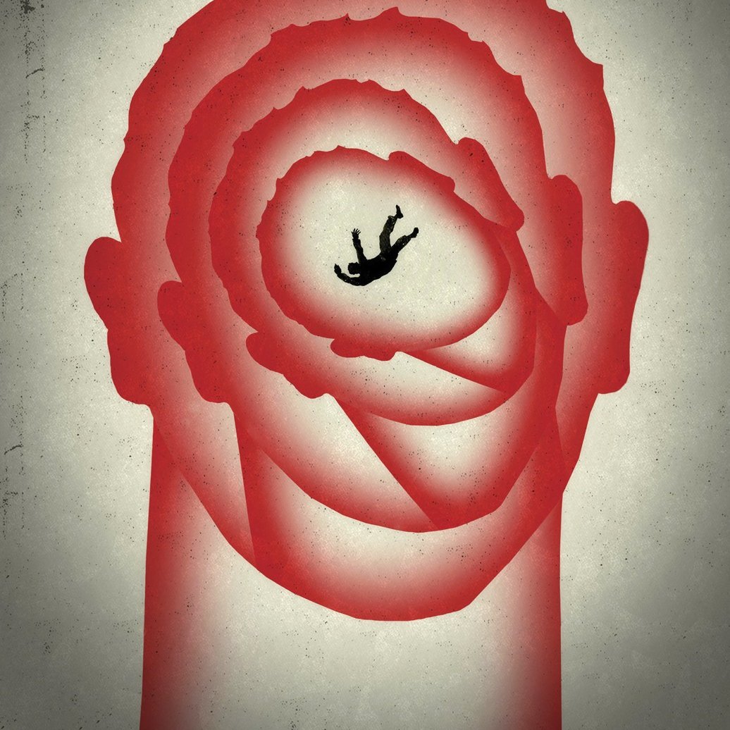 Illustration of concentric red rings forming a head, with a small figure falling through the centre