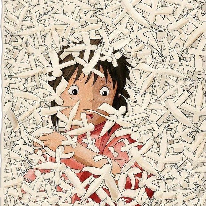 Cartoon of a startled child buried in a pile of pale shapes