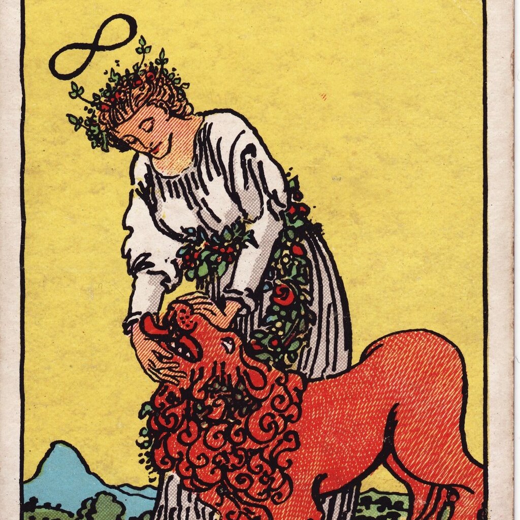 Tarot card illustration of a woman in a flowered dress calmly closing a lion's jaws