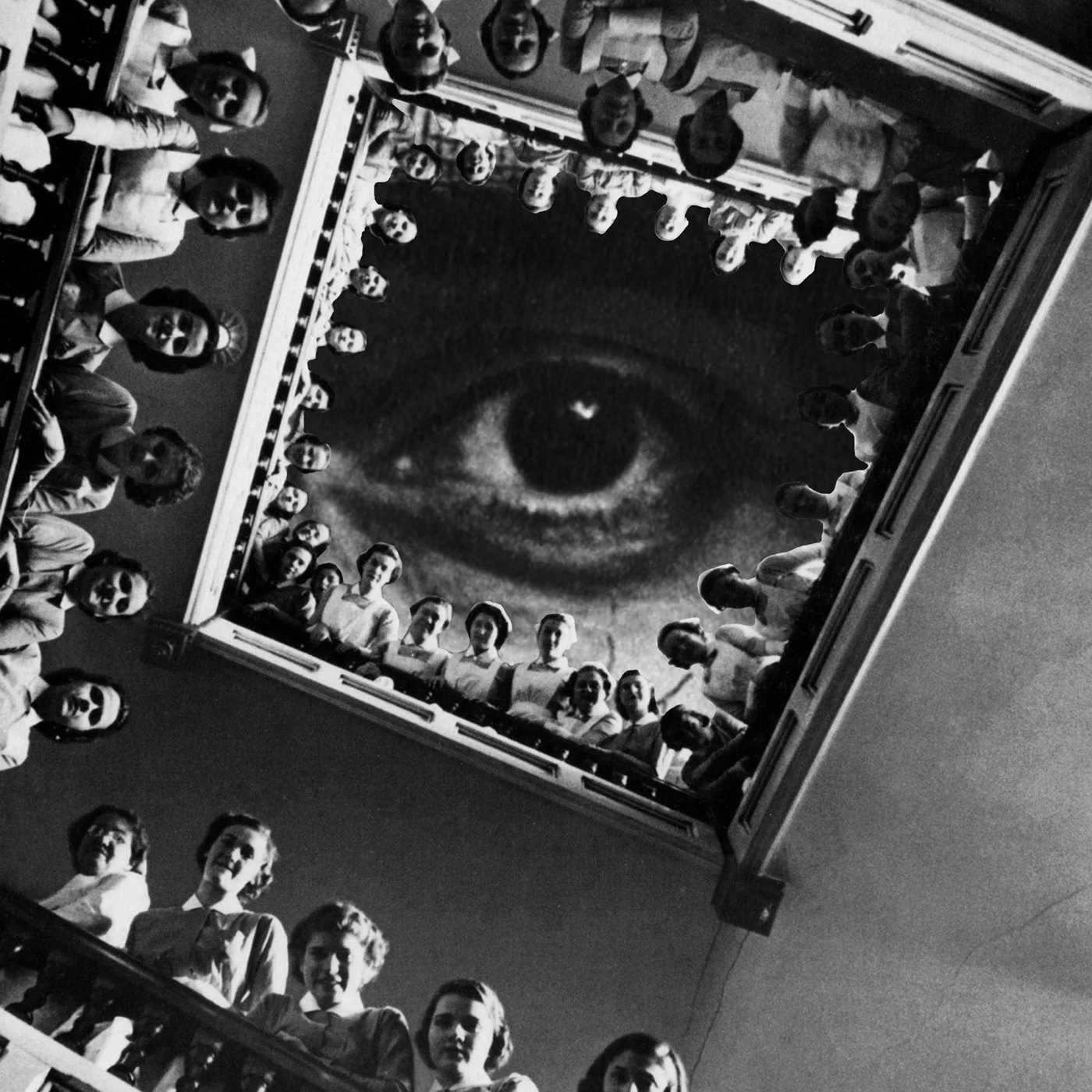 Collage of a large eye surrounded by faces looking down