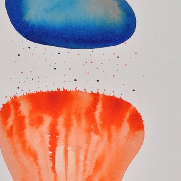 Watercolour of a blue form above a red form, separated by a scatter of dark specks
