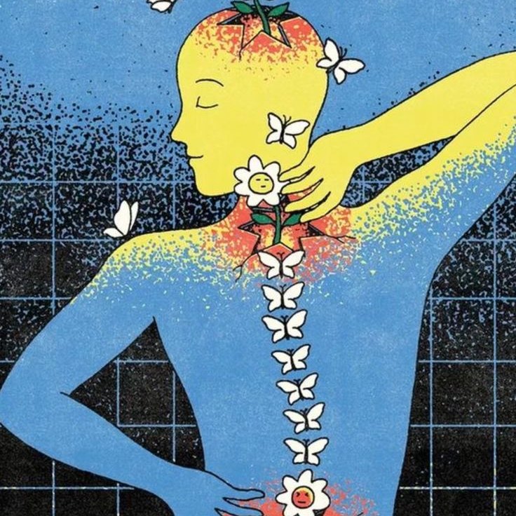 Illustration of a figure seen from behind, flowers and a rising line of butterflies along the spine against a blue grid