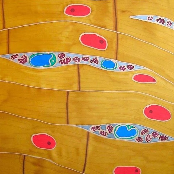 Painting of golden, cell-like layers dotted with red and blue shapes