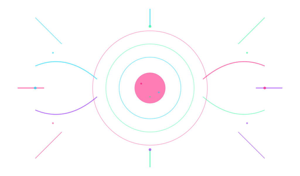 Abstract illustration showing a central point radiating outward with expanding circles and breaking-through lines in cyan, lime green, magenta, and purple, representing cognitive flexibility and new possibilities