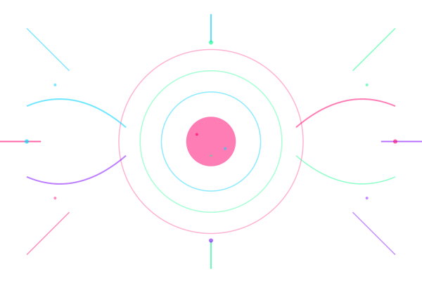 Abstract illustration showing a central point radiating outward with expanding circles and breaking-through lines in cyan, lime green, magenta, and purple, representing cognitive flexibility and new possibilities
