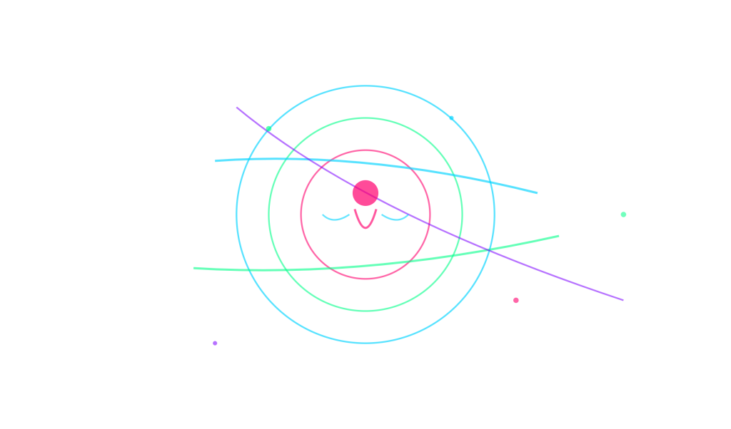 Abstract illustration with concentric circles and flowing lines in cyan, lime green, and magenta representing consciousness and mental transformation