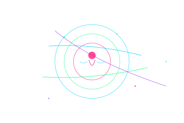 Abstract illustration with concentric circles and flowing lines in cyan, lime green, and magenta representing consciousness and mental transformation
